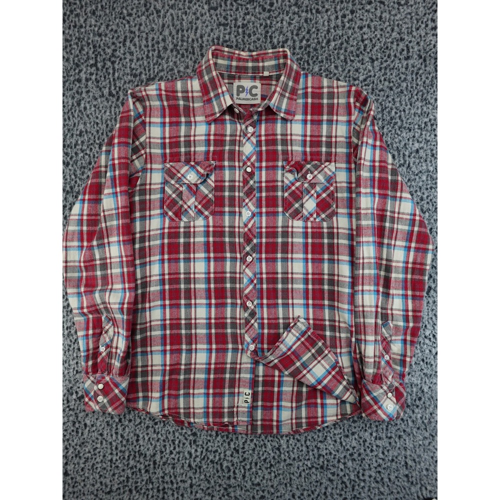 Palmercash Flannel Shirt Mens XL Red White Blue Plaid Long Sleeve Button Up